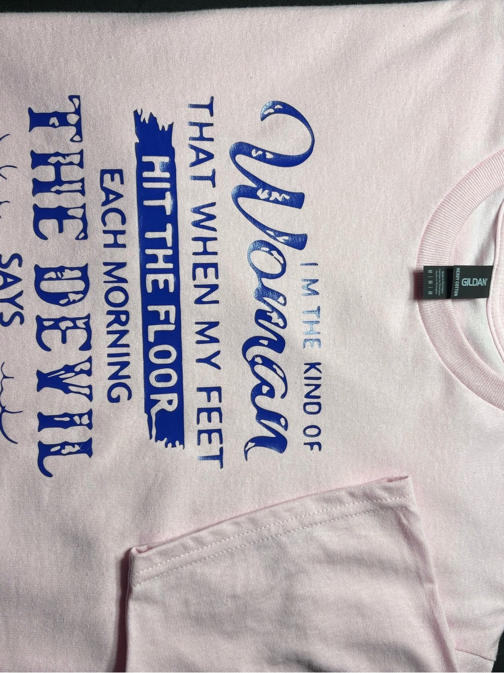 Gildan Light Pink Short Sleeve Tee with Blue Graphic